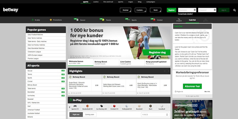 Betway hjemmeside for bookmaker