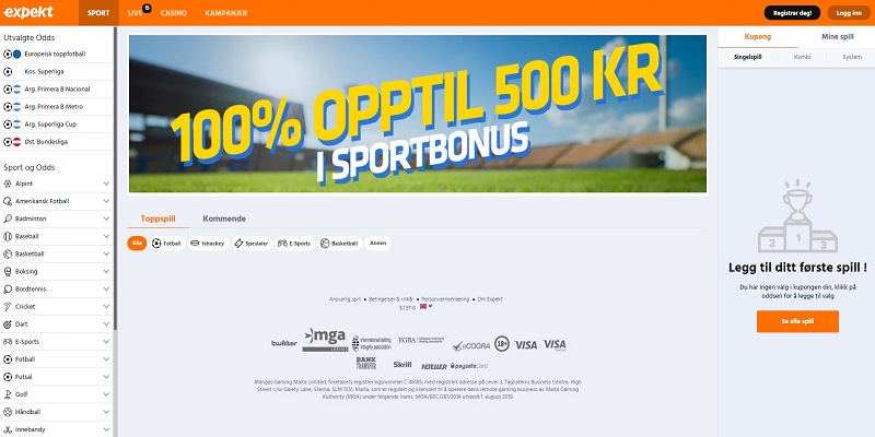 Expekt hjemmeside for bookmaker