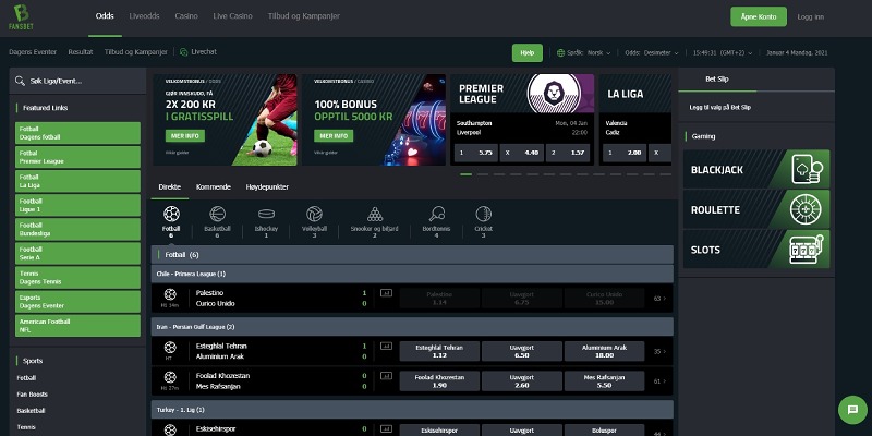 FansBet hjemmeside for bookmaker