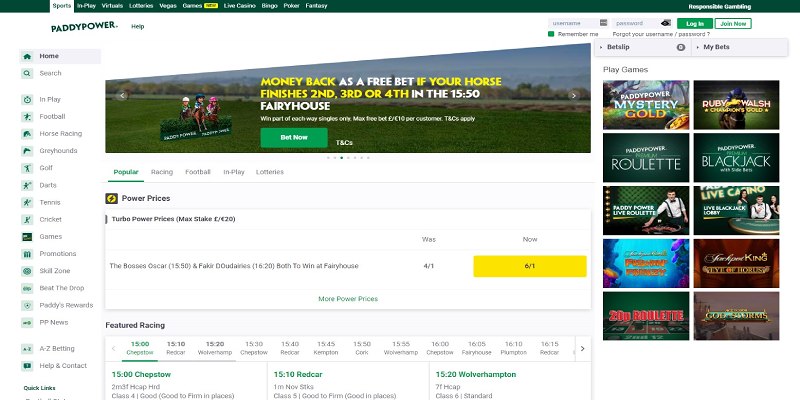 Paddy Power hjemmeside for bookmaker